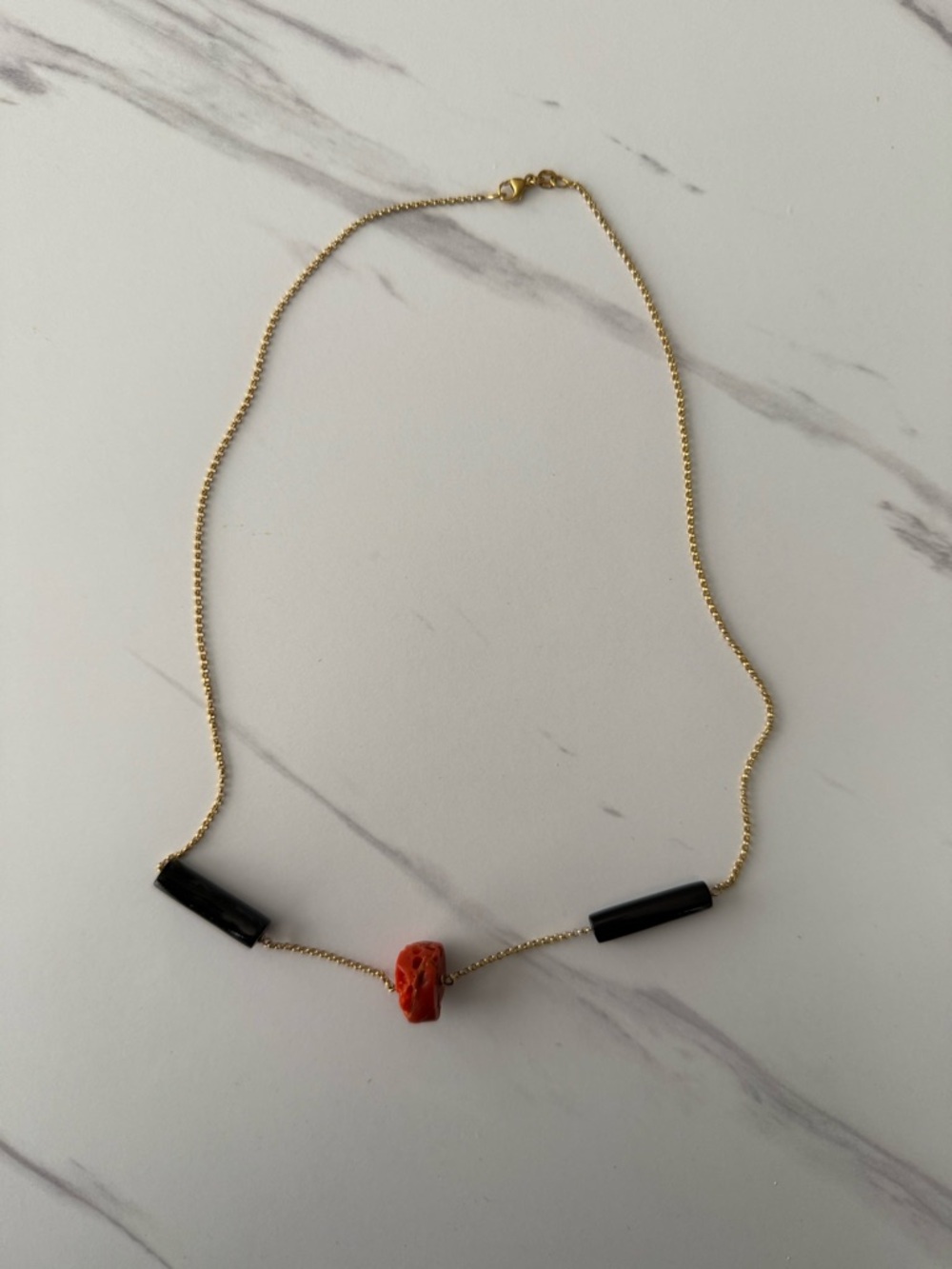 Gold Chain Necklace with Red Coral Accent and Black Onyx Beads